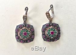 New! Three Pairs Vintage Style Emerald Ruby 925 Solid Sterling Silver Earrings