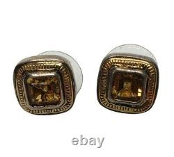 Nice Pair Vintage Sterling Silver & 14k Gold Citrine Stud Earrings