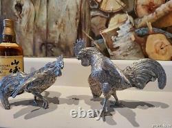 OLD SOLID SILVER ROOSTER PAIR FIGURINE VINTAGE LARGE RARE MUSEUM sterling 55 Oz