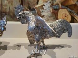 OLD SOLID SILVER ROOSTER PAIR FIGURINE VINTAGE LARGE RARE MUSEUM sterling 55 Oz