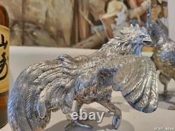 OLD SOLID SILVER ROOSTER PAIR FIGURINE VINTAGE LARGE RARE MUSEUM sterling 55 Oz