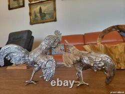 OLD SOLID SILVER ROOSTER PAIR FIGURINE VINTAGE LARGE RARE MUSEUM sterling 55 Oz