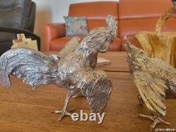 OLD SOLID SILVER ROOSTER PAIR FIGURINE VINTAGE LARGE RARE MUSEUM sterling 55 Oz