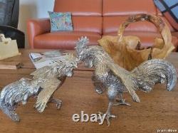 OLD SOLID SILVER ROOSTER PAIR FIGURINE VINTAGE LARGE RARE MUSEUM sterling 55 Oz