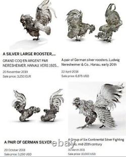 OLD SOLID SILVER ROOSTER PAIR FIGURINE VINTAGE LARGE RARE MUSEUM sterling 55 Oz