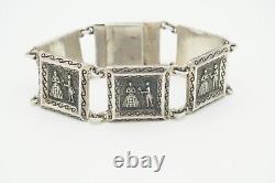 OOAK Vintage sterling silver courting couple Romantic relief panel link bracelet