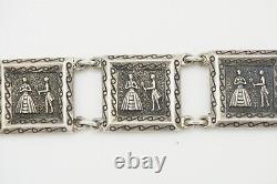 OOAK Vintage sterling silver courting couple Romantic relief panel link bracelet