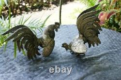 Old Big Pair Vintage Silver Metal Fighting Cocks Roosters Sculpture Statues N/r