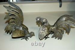 Old Big Pair Vintage Silver Metal Fighting Cocks Roosters Sculpture Statues N/r