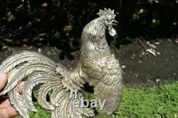 Old Big Pair Vintage Silver Metal Fighting Cocks Roosters Sculpture Statues N/r