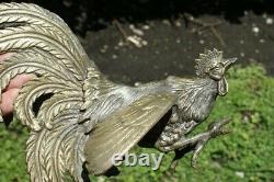 Old Big Pair Vintage Silver Metal Fighting Cocks Roosters Sculpture Statues N/r