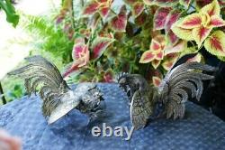 Old Big Pair Vintage Silver Metal Fighting Cocks Roosters Sculpture Statues N/r