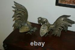 Old Big Pair Vintage Silver Metal Fighting Cocks Roosters Sculpture Statues N/r