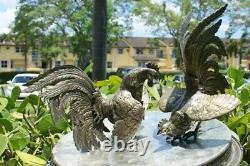 Old Big Pair Vintage Silver Metal Fighting Cocks Roosters Sculpture Statues N/r