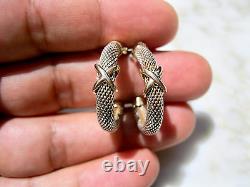 PAIR CLASSIC VTG SOLID STERLING SILVER 14K YELLOW GOLD'X' HOOP EARRINGS 1990's