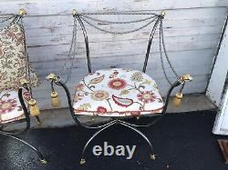 PAIR Hollywood Regency Rams Head/Hoof Vintage Gilt Metal Rope & Tassel Chairs
