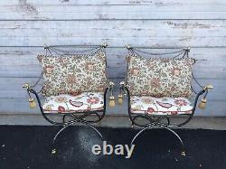 PAIR Hollywood Regency Rams Head/Hoof Vintage Gilt Metal Rope & Tassel Chairs