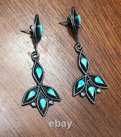 PAIR LONG VINTAGE NAVAJO INDIAN SILVER AND TURQUOISE EARRINGS for pierced ears