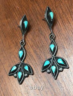 PAIR LONG VINTAGE NAVAJO INDIAN SILVER AND TURQUOISE EARRINGS for pierced ears