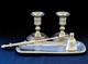 Pair Of 95% Pewter Arte Italica Candlesticks + Tray + Snuffer Vintage Italy Owl