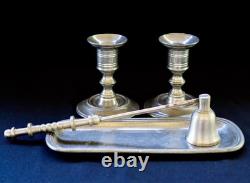 PAIR OF 95% PEWTER ARTE ITALICA CANDLESTICKS + TRAY + SNUFFER vintage Italy owl