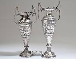 PAIR OF ANTIQUE VTG PERSIAN SILVER ENGRAVED VASES-Not exact match