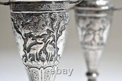 PAIR OF ANTIQUE VTG PERSIAN SILVER ENGRAVED VASES-Not exact match