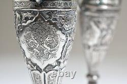 PAIR OF ANTIQUE VTG PERSIAN SILVER ENGRAVED VASES-Not exact match