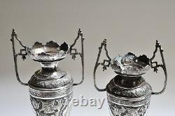 PAIR OF ANTIQUE VTG PERSIAN SILVER ENGRAVED VASES-Not exact match