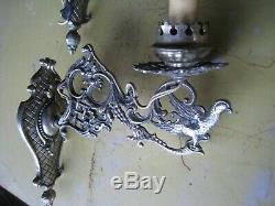 PAIR OF VINTAGE ANTIQUE VICTORIAN CAST METAL WALL SCONCES SILVER FINISH w birds