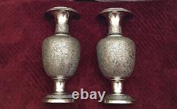 PAIR OF VINTAGE PERSIAN Middle Eastern SILVER CUT CABINET VASES/URNS