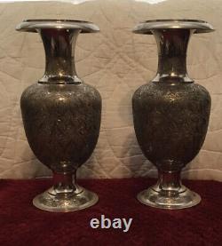 PAIR OF VINTAGE PERSIAN Middle Eastern SILVER CUT CABINET VASES/URNS