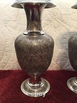 PAIR OF VINTAGE PERSIAN Middle Eastern SILVER CUT CABINET VASES/URNS