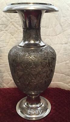 PAIR OF VINTAGE PERSIAN Middle Eastern SILVER CUT CABINET VASES/URNS