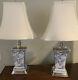 Pair Of Vintage Spode Table Lamps, Rare, Blue/white, Satin Silver Trim Withshades