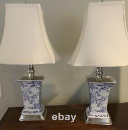 PAIR OF VINTAGE SPODE TABLE LAMPS, RARE, BLUE/WHITE, SATIN SILVER TRIM WithSHADES