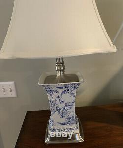 PAIR OF VINTAGE SPODE TABLE LAMPS, RARE, BLUE/WHITE, SATIN SILVER TRIM WithSHADES