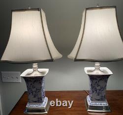 PAIR OF VINTAGE SPODE TABLE LAMPS, RARE, BLUE/WHITE, SATIN SILVER TRIM WithSHADES