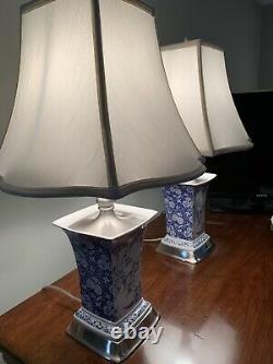 PAIR OF VINTAGE SPODE TABLE LAMPS, RARE, BLUE/WHITE, SATIN SILVER TRIM WithSHADES