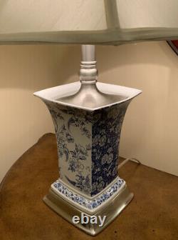 PAIR OF VINTAGE SPODE TABLE LAMPS, RARE, BLUE/WHITE, SATIN SILVER TRIM WithSHADES