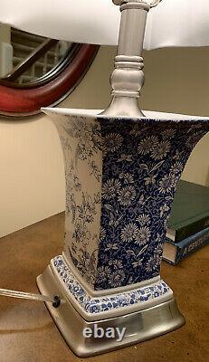 PAIR OF VINTAGE SPODE TABLE LAMPS, RARE, BLUE/WHITE, SATIN SILVER TRIM WithSHADES