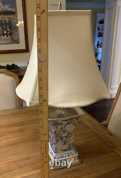 PAIR OF VINTAGE SPODE TABLE LAMPS, RARE, BLUE/WHITE, SATIN SILVER TRIM WithSHADES