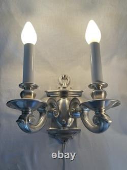 PAIR RESTORED Antique Vtg Wall Sconces Arts & Crafts Art Deco Colonial, Silver