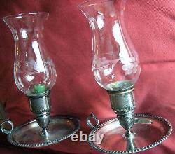 PAIR Silver Candlesticks & Etched Glass Hurricane Chimney VINTAGE exc cond NICE