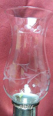 PAIR Silver Candlesticks & Etched Glass Hurricane Chimney VINTAGE exc cond NICE