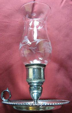 PAIR Silver Candlesticks & Etched Glass Hurricane Chimney VINTAGE exc cond NICE