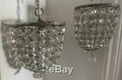 PAIR VINTAGE ANTIQUE CUT GLASS CRYSTAL SILVER PLATED BRASS BASKET CHANDELIERS Vg