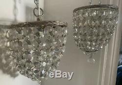 PAIR VINTAGE ANTIQUE CUT GLASS CRYSTAL SILVER PLATED BRASS BASKET CHANDELIERS Vg