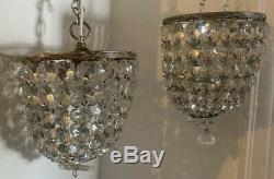 PAIR VINTAGE ANTIQUE CUT GLASS CRYSTAL SILVER PLATED BRASS BASKET CHANDELIERS Vg