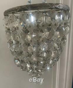 PAIR VINTAGE ANTIQUE CUT GLASS CRYSTAL SILVER PLATED BRASS BASKET CHANDELIERS Vg